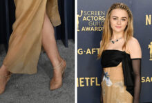 Joey King Keeps Wears Sheer Andrea Wazen Pumps Designed With Barely-There Details for SAG Awards 2024 Red Carpet