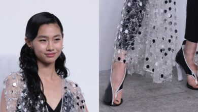 Hoyeon Jung Goes Conceptual With Black and White Louis Vuitton Knot Shoe at Pre-Fall Show in Shanghai